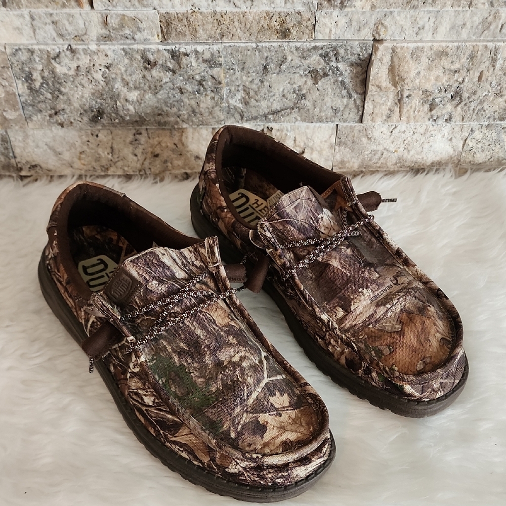 Hey Dude Men's Camo Slip-On Loafers in Brown and Green